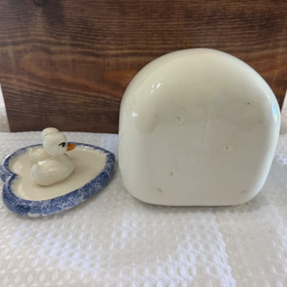 Country Heart Ceramic Duck Canister White Blue Heart Farmhouse CountryLiving Jar